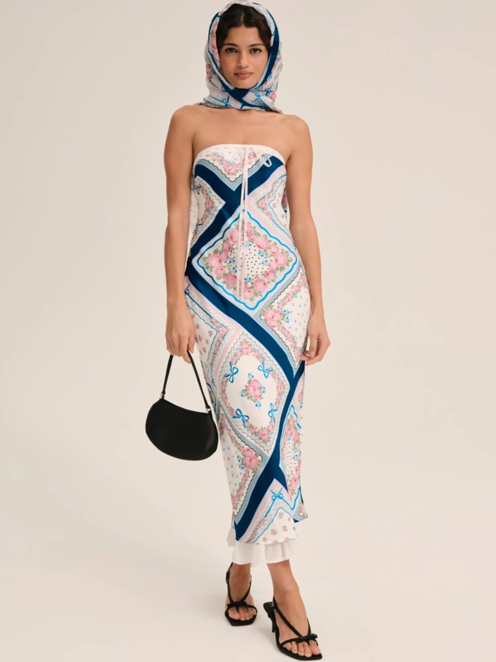 For Love & Lemons Strapless Daisy Mae Midi Scarf-Print Slip Dress
